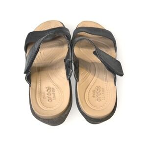 Crocs Wedge Sandals Black Leather Strap Knit Platform Comfort Shoes Sz‎ 7